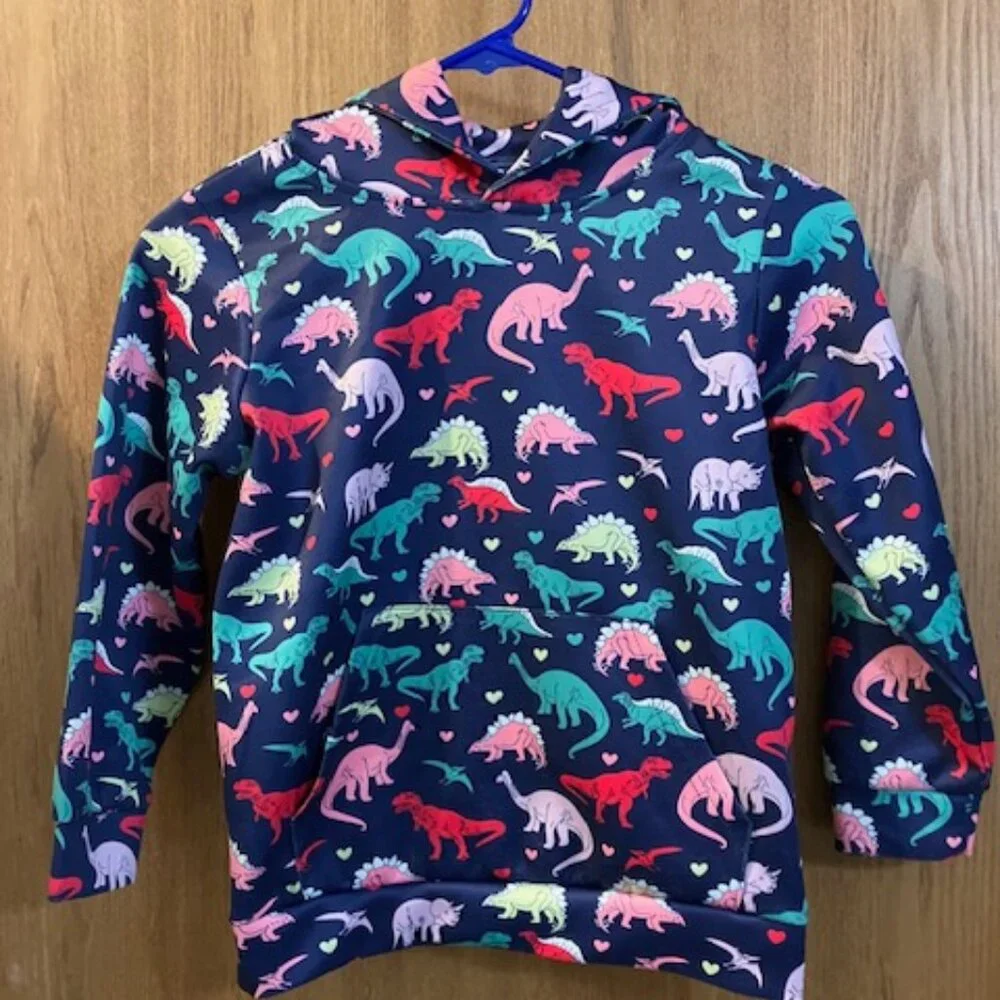 Colorful‎ Girls Dinosaur Hoodie with Hearts. Medium